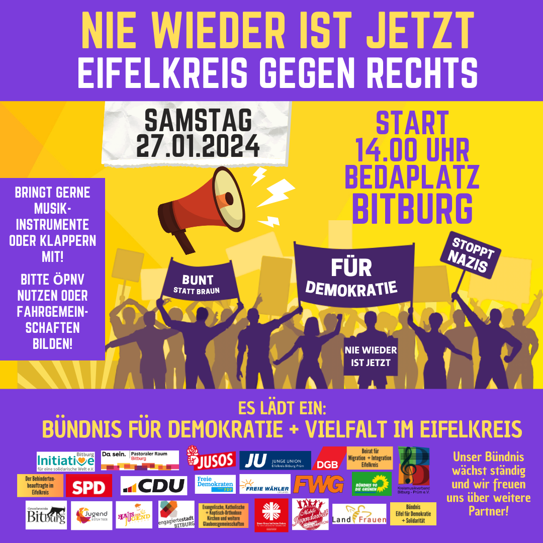 NIE WIEDER IST JETZT - Eifelkreis gegen Rechts! Unser Verein schließt sich dem Bündnis für Demokratie & Vielfalt im Eifelkreis an.