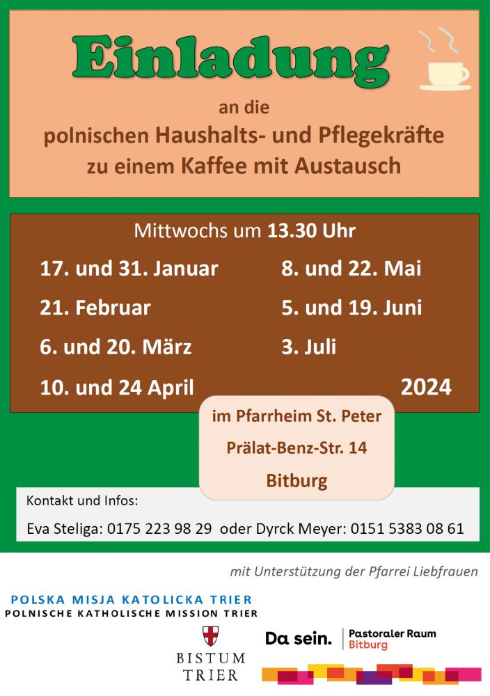 Flyer Pflegekraefte Bitburg 2024 | Der Pastorale Raum Bitburg und die Polnische Mission Trier laden polnische Pflegekräfte zu einem Treffen in den Pfarrsaal beim St. Peter in Bitburg ein.