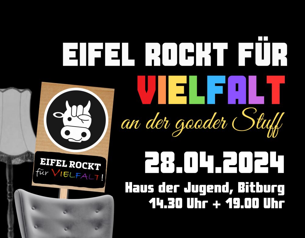 Eine eifelbunte Show von Dirk Klinkhammer, mit dem Tant Tilda - Ensemble am 28.04.2024 im Haus der Jugend, Bitburg, um 14:30 Uhr + 19:00 Uhr. Veranstalter: Haus der Jugend Bitburg, in Zusammenarbeit mit: "NIE WIEDER IST JETZT - BÜNDNIS FÜR DEMOKRATIE UND VIELFALT IM EIFELKREIS" www.demokratie-vielfalt-eifelkreis.de